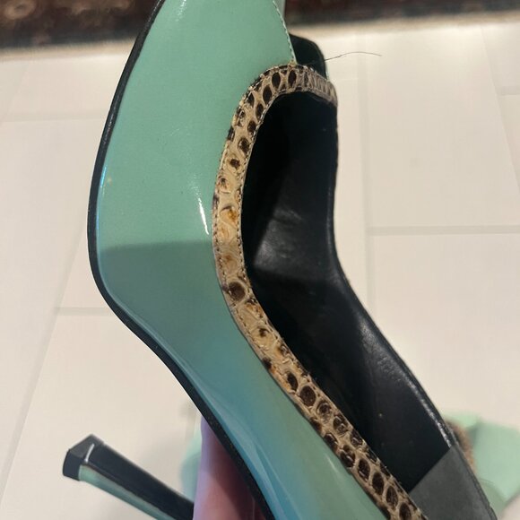 Gianni Versace Open Toe Pale Green Patent Leather Heels with Snakeskin Trim 5.5 - Picture 10 of 10